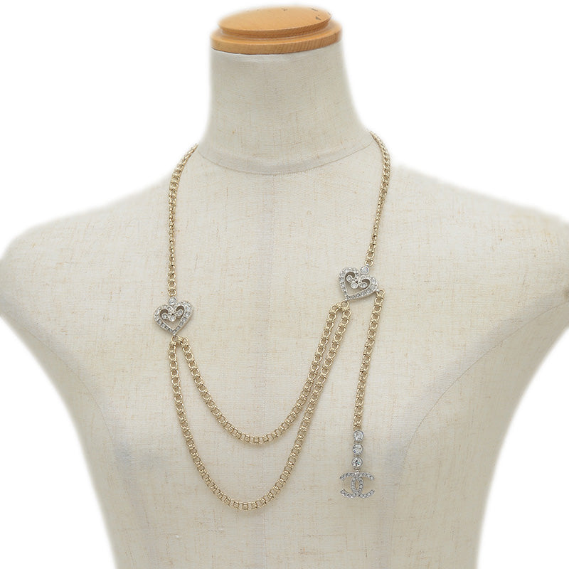 ロングネックレス ハートモチーフ ラインストーン ゴールド/シルバー I23K ネックレス