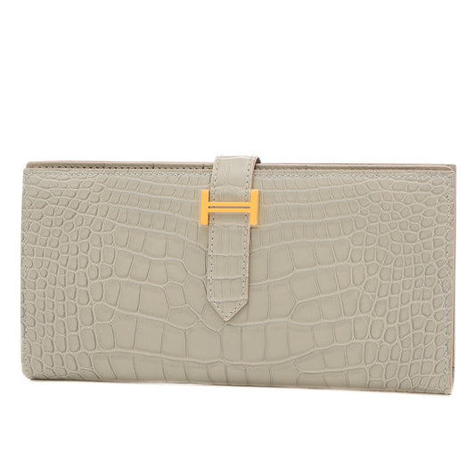 ベアンスフレ 二つ折り長財布 クロコアリゲーター パールグレー ゴールド金具 B刻印 長財布