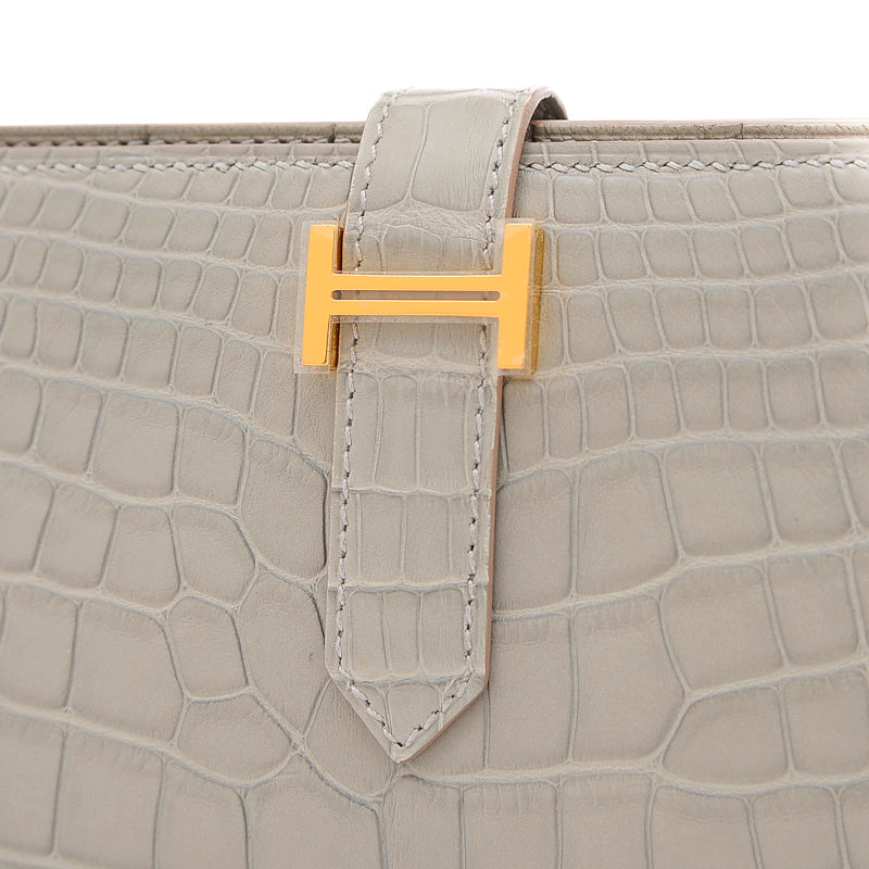 ベアンスフレ 二つ折り長財布 クロコアリゲーター パールグレー ゴールド金具 B刻印 長財布