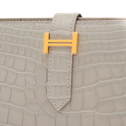 ベアンスフレ 二つ折り長財布 クロコアリゲーター パールグレー ゴールド金具 B刻印 長財布