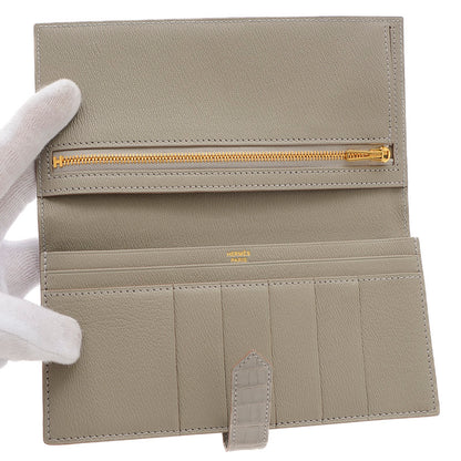 ベアンスフレ 二つ折り長財布 クロコアリゲーター パールグレー ゴールド金具 B刻印 長財布