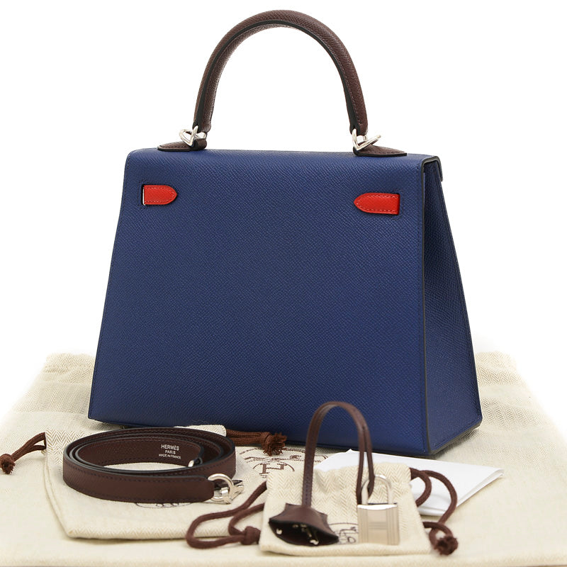 ケリー25 トリコロール エプソン サフィール/ルージュセリエ/ルージュピマン B刻印 ハンドバッグ