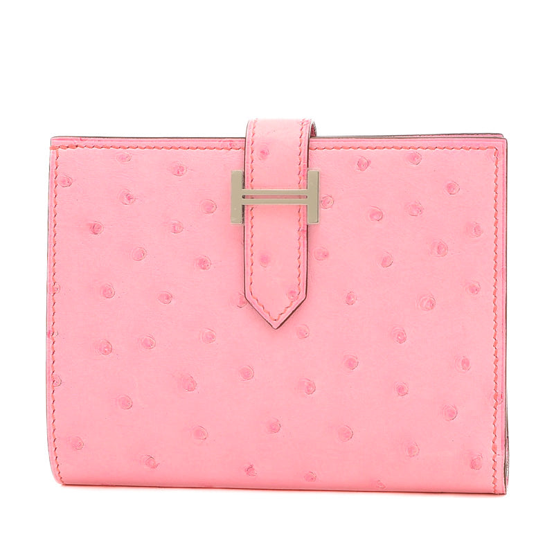 ベアンコンパクト 二つ折り財布 オーストリッチ バブルガムピンク シルバー金具 B刻印 二つ折り財布