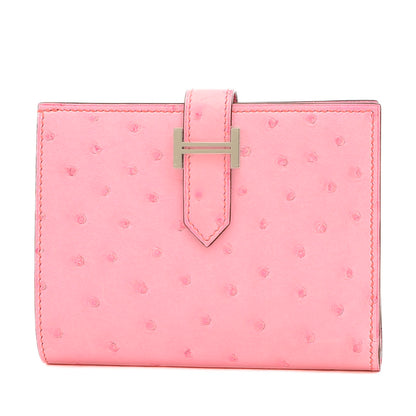 ベアンコンパクト 二つ折り財布 オーストリッチ バブルガムピンク シルバー金具 B刻印 二つ折り財布