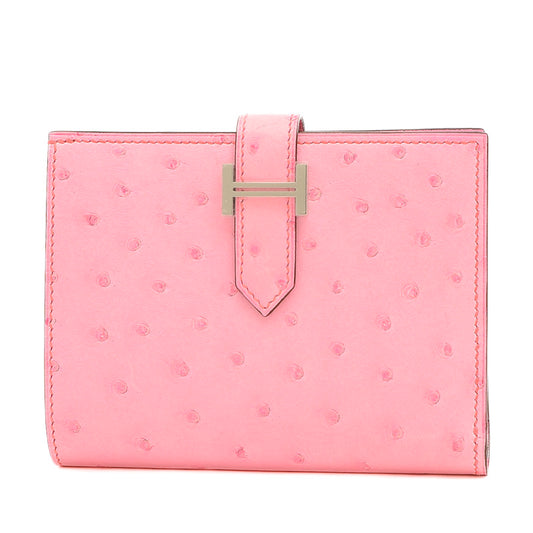 ベアンコンパクト 二つ折り財布 オーストリッチ バブルガムピンク シルバー金具 B刻印 二つ折り財布