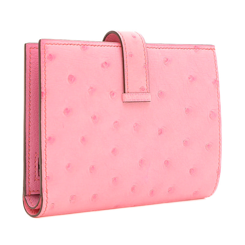 ベアンコンパクト 二つ折り財布 オーストリッチ バブルガムピンク シルバー金具 B刻印 二つ折り財布