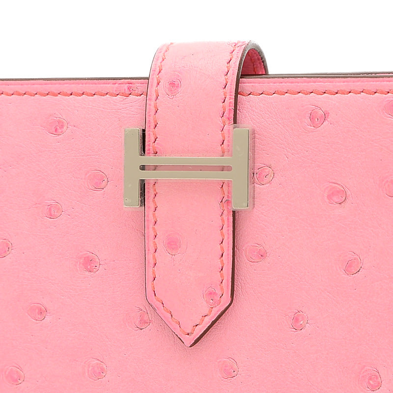 ベアンコンパクト 二つ折り財布 オーストリッチ バブルガムピンク シルバー金具 B刻印 二つ折り財布