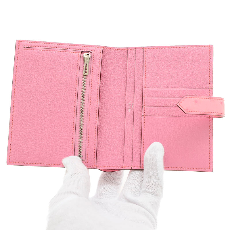 ベアンコンパクト 二つ折り財布 オーストリッチ バブルガムピンク シルバー金具 B刻印 二つ折り財布