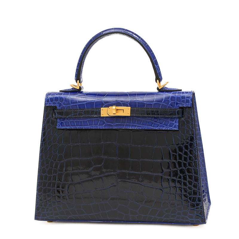 ケリー25 外縫い クロコアリゲーター バイカラー エレクトリック/サフィール U刻印 ハンドバッグ