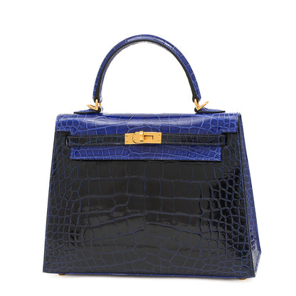 ケリー25 外縫い クロコアリゲーター バイカラー エレクトリック/サフィール U刻印 ハンドバッグ