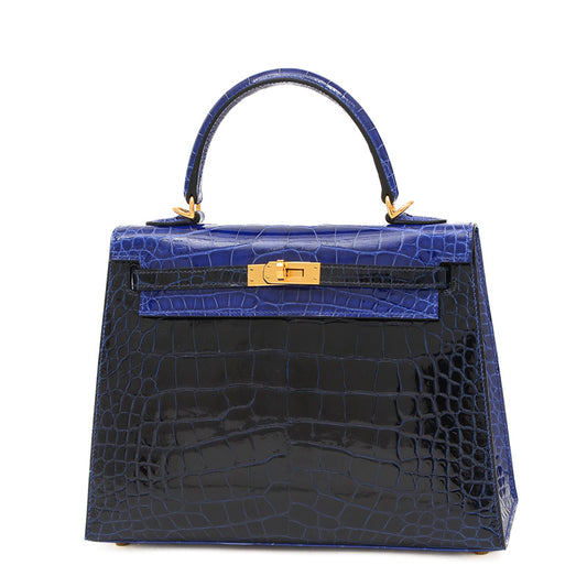ケリー25 外縫い クロコアリゲーター バイカラー エレクトリック/サフィール U刻印 ハンドバッグ