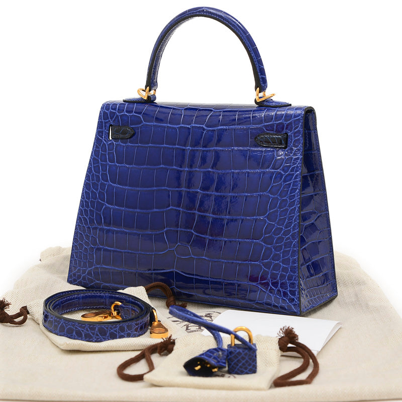 ケリー25 外縫い クロコアリゲーター バイカラー エレクトリック/サフィール U刻印 ハンドバッグ