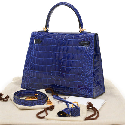 ケリー25 外縫い クロコアリゲーター バイカラー エレクトリック/サフィール U刻印 ハンドバッグ