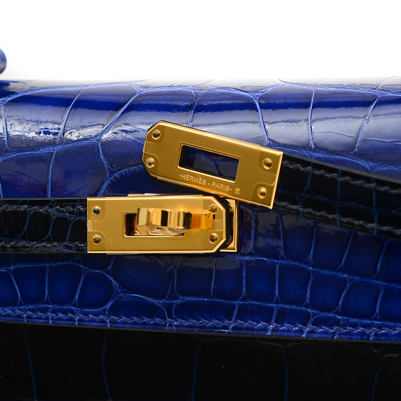 ケリー25 外縫い クロコアリゲーター バイカラー エレクトリック/サフィール U刻印 ハンドバッグ