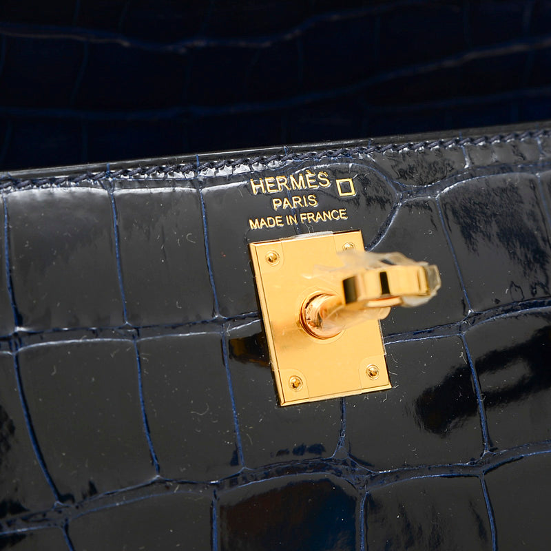 ケリー25 外縫い クロコアリゲーター バイカラー エレクトリック/サフィール U刻印 ハンドバッグ