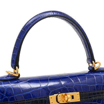 ケリー25 外縫い クロコアリゲーター バイカラー エレクトリック/サフィール U刻印 ハンドバッグ
