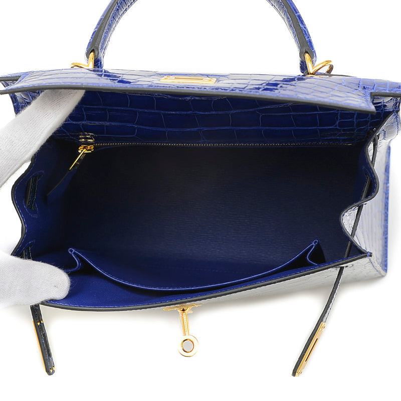 ケリー25 外縫い クロコアリゲーター バイカラー エレクトリック/サフィール U刻印 ハンドバッグ