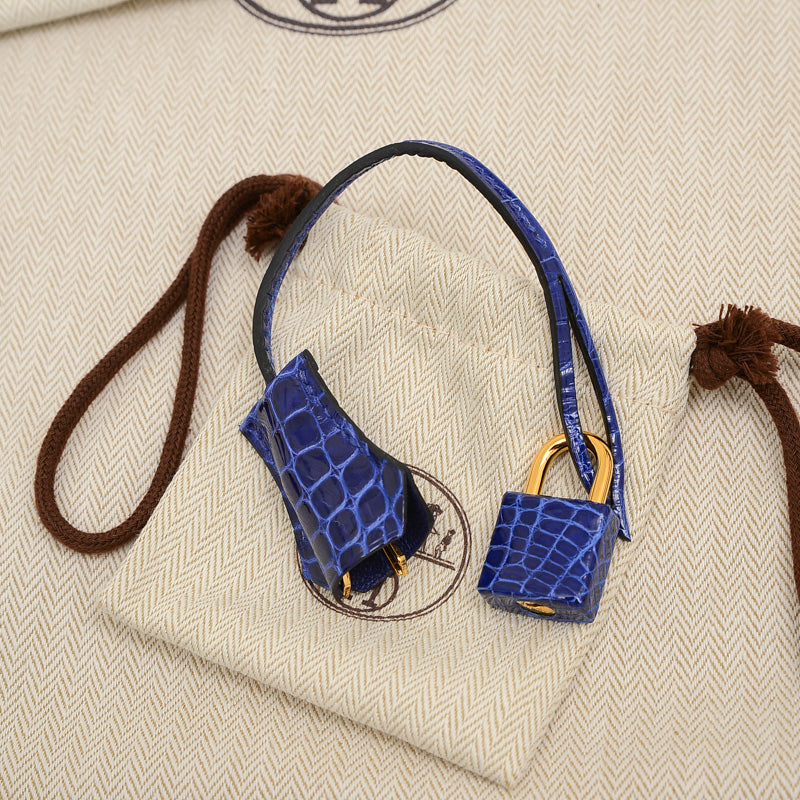 ケリー25 外縫い クロコアリゲーター バイカラー エレクトリック/サフィール U刻印 ハンドバッグ