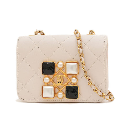 ミニ マトラッセ チェーンショルダー バッグ ビジュー レザー ホワイト ショルダーバッグ