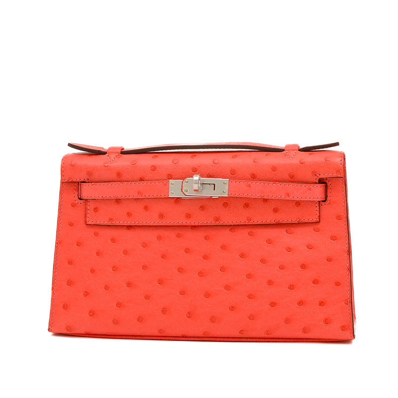 ポシェットケリー オーストリッチ ローズテキサス シルバー金具 B刻印 ハンドバッグ