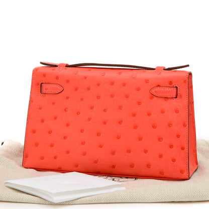 ポシェットケリー オーストリッチ ローズテキサス シルバー金具 B刻印 ハンドバッグ