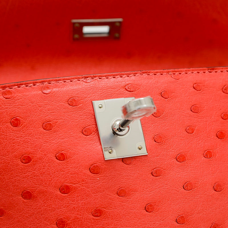 ポシェットケリー オーストリッチ ローズテキサス シルバー金具 B刻印 ハンドバッグ