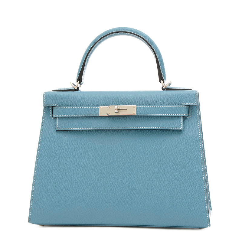 ケリー28 外縫い エプソン ニューブルージーン シルバー金具 W刻印 ハンドバッグ