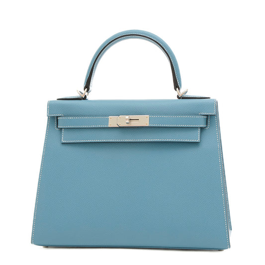 ケリー28 外縫い エプソン ニューブルージーン シルバー金具 W刻印 ハンドバッグ