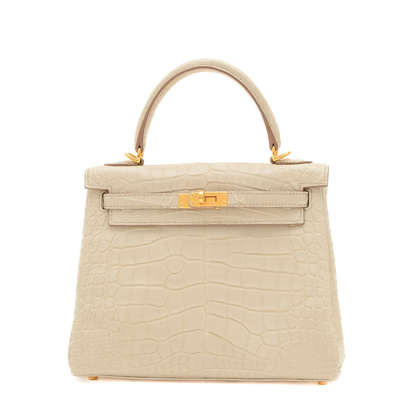 ケリー25 内縫い アリゲーターマット ベトン ゴールド金具 B刻印 ハンドバッグ