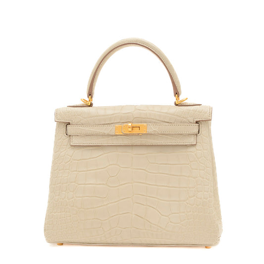 ケリー25 内縫い アリゲーターマット ベトン ゴールド金具 B刻印 ハンドバッグ