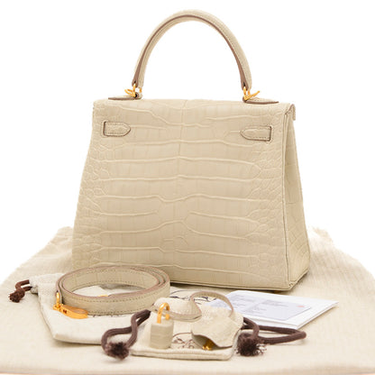 ケリー25 内縫い アリゲーターマット ベトン ゴールド金具 B刻印 ハンドバッグ