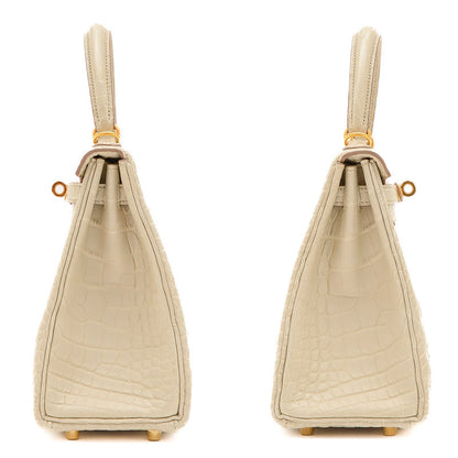 ケリー25 内縫い アリゲーターマット ベトン ゴールド金具 B刻印 ハンドバッグ