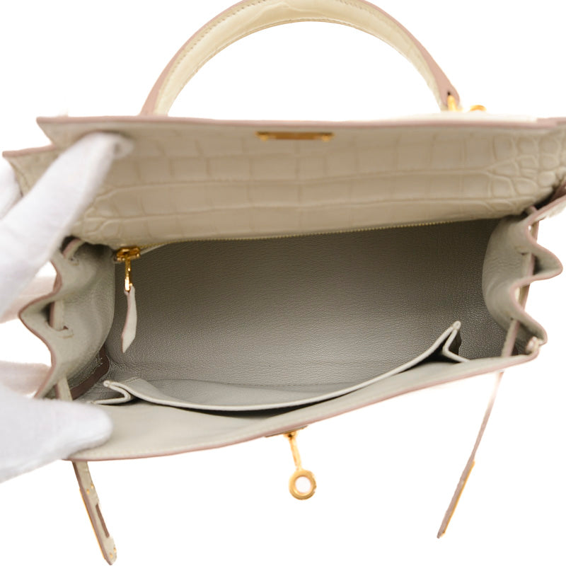 ケリー25 内縫い アリゲーターマット ベトン ゴールド金具 B刻印 ハンドバッグ