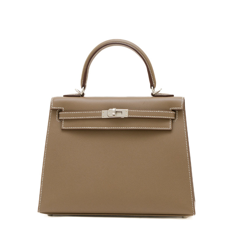 ケリー25 ヴェルソ 外縫い ヴォーマダム エトゥープ/バンブー シルバー金具 W刻印 ハンドバッグ