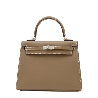 ケリー25 ヴェルソ 外縫い ヴォーマダム エトゥープ/バンブー シルバー金具 W刻印 ハンドバッグ