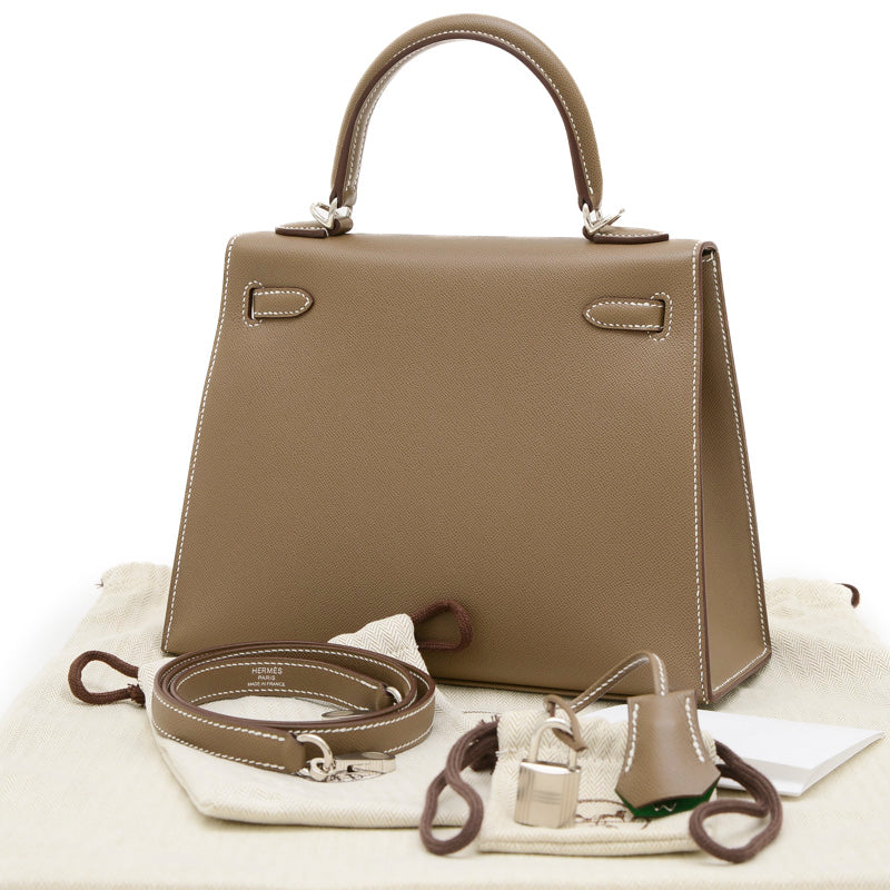 ケリー25 ヴェルソ 外縫い ヴォーマダム エトゥープ/バンブー シルバー金具 W刻印 ハンドバッグ