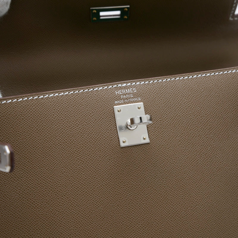 ケリー25 ヴェルソ 外縫い ヴォーマダム エトゥープ/バンブー シルバー金具 W刻印 ハンドバッグ