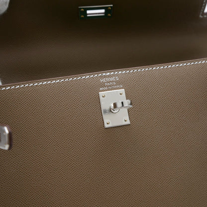 ケリー25 ヴェルソ 外縫い ヴォーマダム エトゥープ/バンブー シルバー金具 W刻印 ハンドバッグ