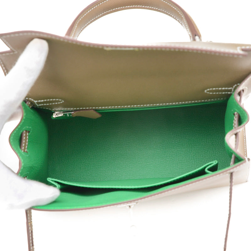 ケリー25 ヴェルソ 外縫い ヴォーマダム エトゥープ/バンブー シルバー金具 W刻印 ハンドバッグ