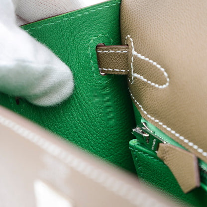 ケリー25 ヴェルソ 外縫い ヴォーマダム エトゥープ/バンブー シルバー金具 W刻印 ハンドバッグ