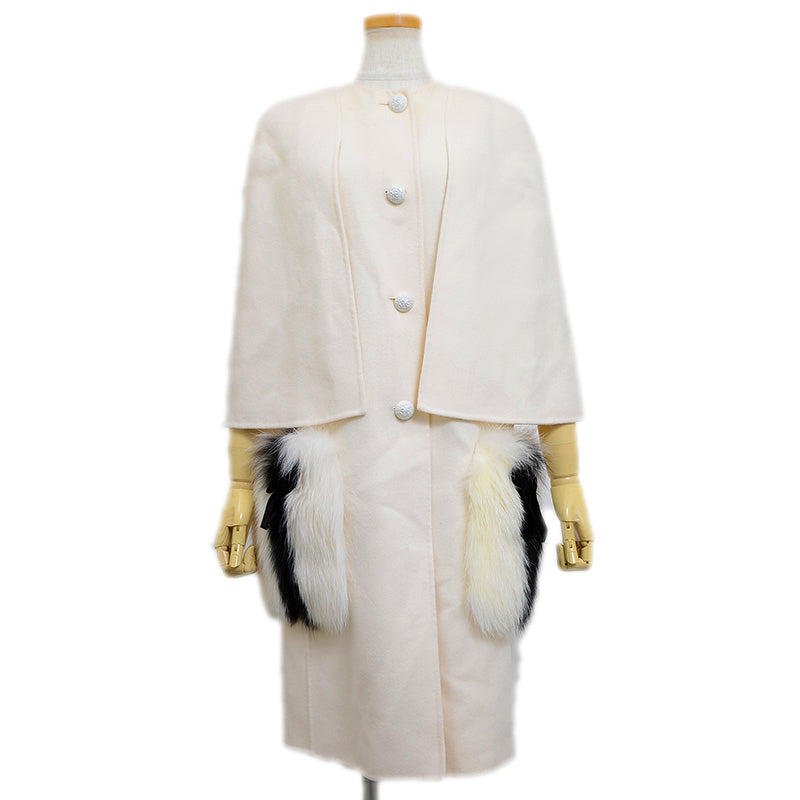 ウール フォックスファー ノーカラー コート レディース 38サイズ ステンカラーコート