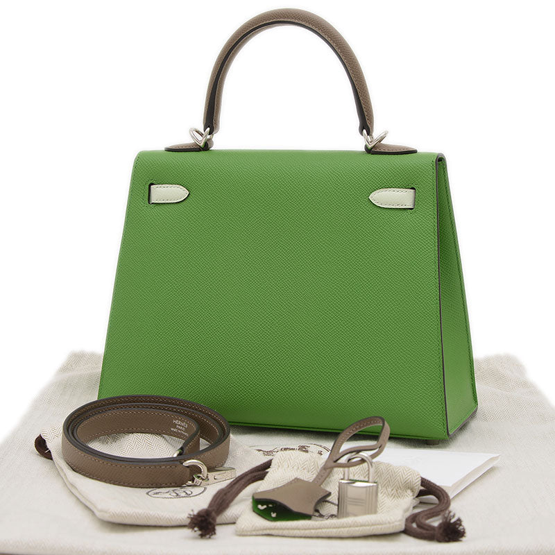 ケリー25 トリコロール エプソン ヴェールユッカ/ヴェールフィズ/エトゥープ W刻印 ハンドバッグ