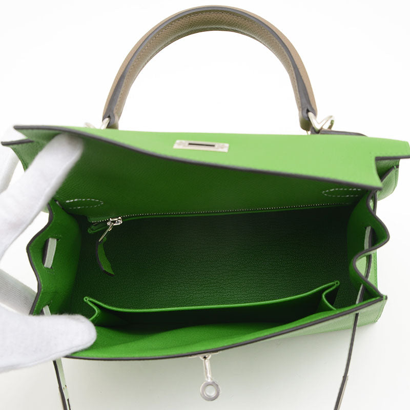 ケリー25 トリコロール エプソン ヴェールユッカ/ヴェールフィズ/エトゥープ W刻印 ハンドバッグ