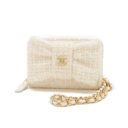 リボン ミニ チェーンウォレット コインケース ツイード ホワイト ゴールド金具 コインケース