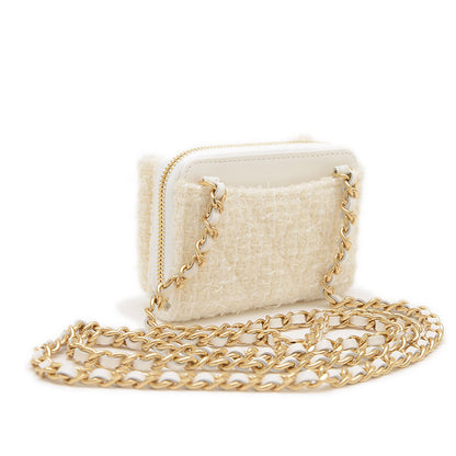 リボン ミニ チェーンウォレット コインケース ツイード ホワイト ゴールド金具 コインケース