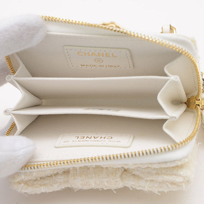 リボン ミニ チェーンウォレット コインケース ツイード ホワイト ゴールド金具 コインケース