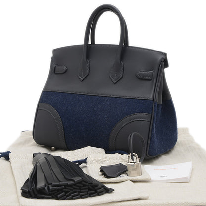 バーキン25 ゴーチーム フェルト/スイフト ブルーニュイ/ブラック シルバー金具 W刻印 ハンドバッグ