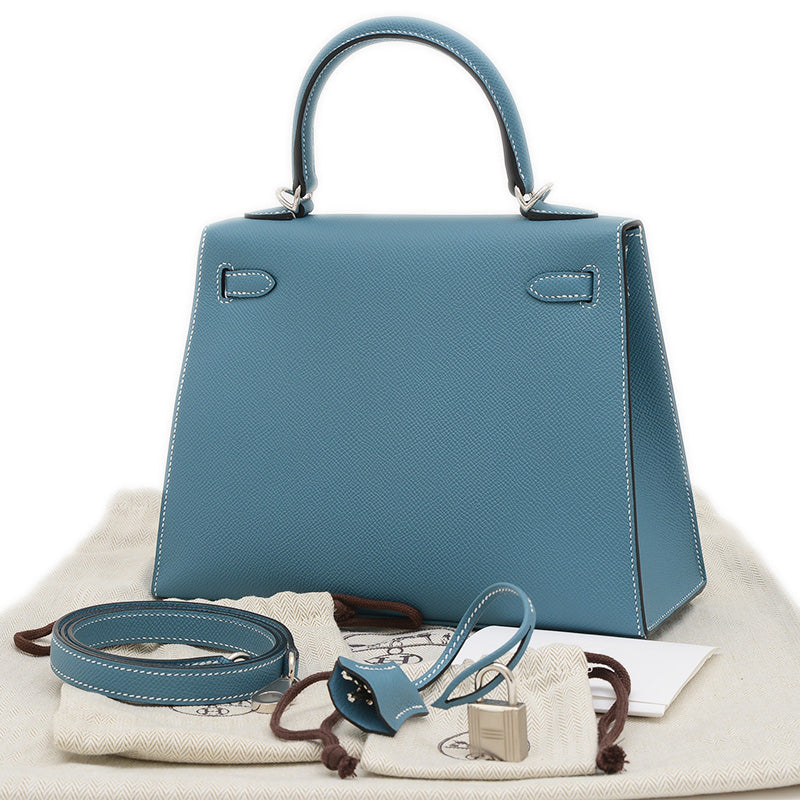 ケリー25 外縫い エプソン ニューブルージーン シルバー金具 B刻印 ハンドバッグ