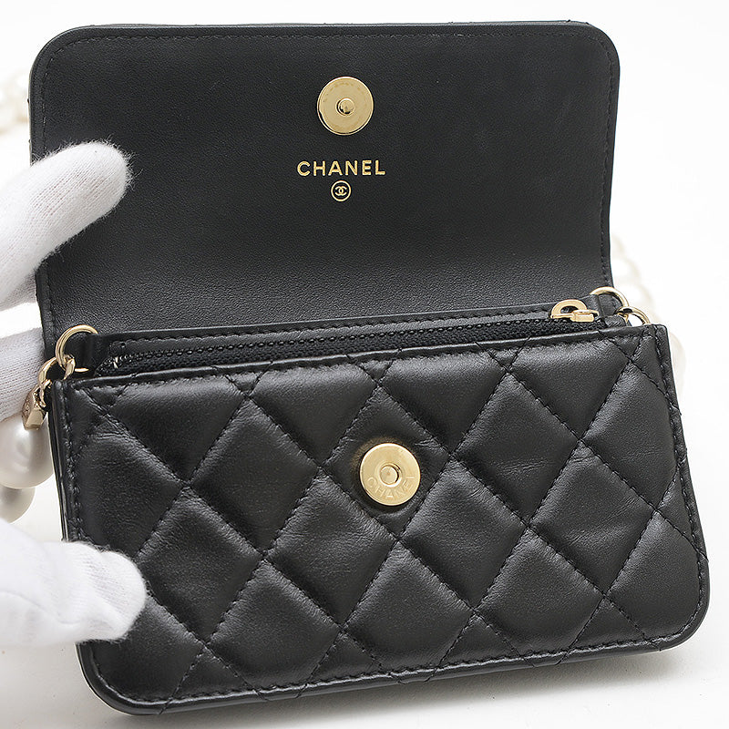 ラムスキン パール チェーンウォレット ブラック AP1839 長財布