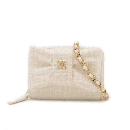 リボン ミニ チェーンウォレット コインケース ツイード ホワイト ゴールド金具 二つ折り財布